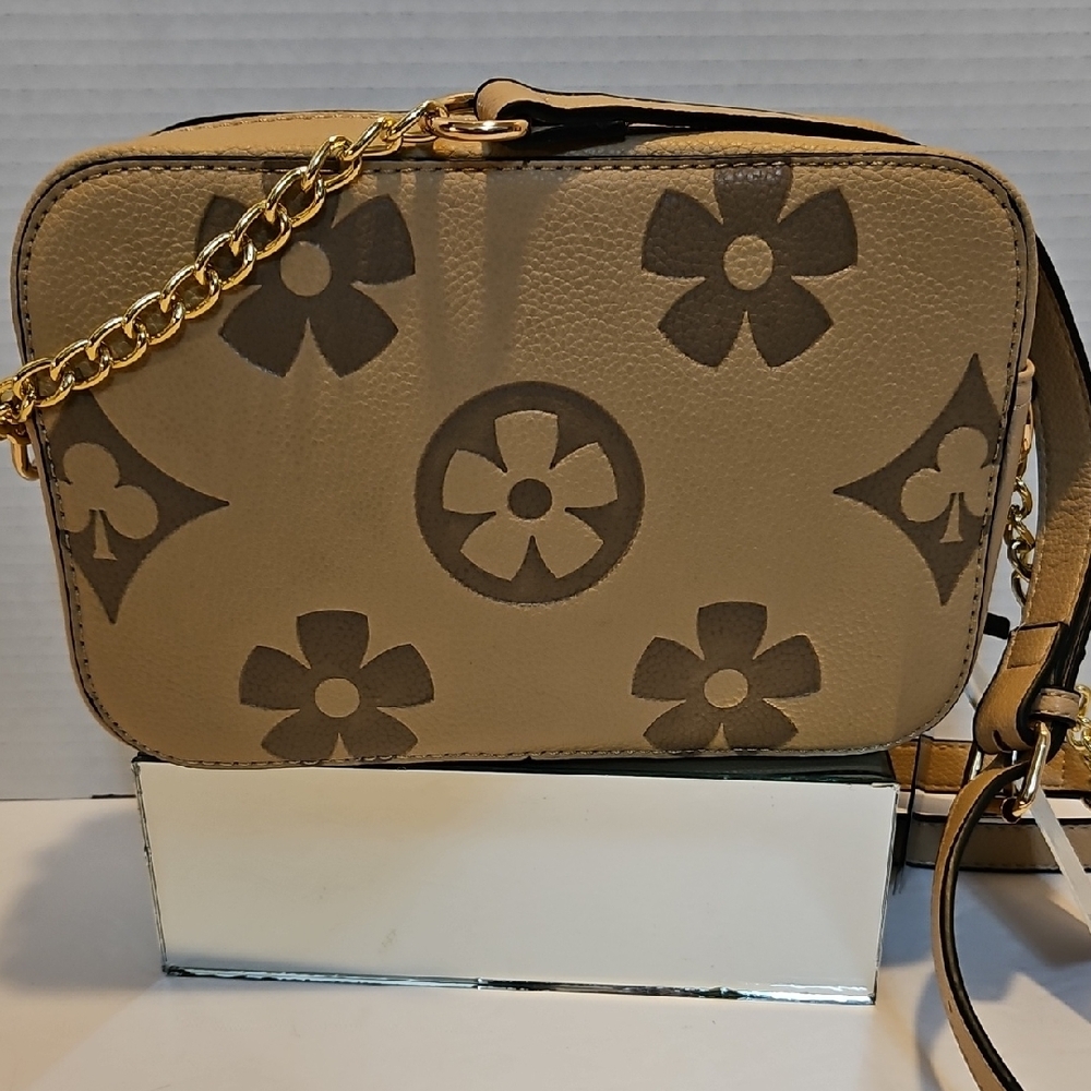 Inspired Tan and Brown Crossbody Bag with Signature Pattern